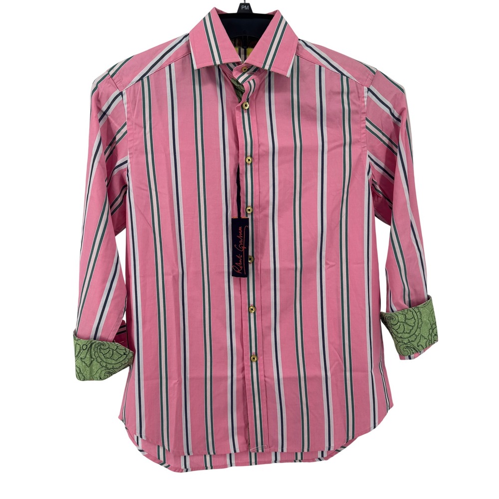 New Robert Graham Shirt Flip Cuff Mens S Pink Striped Paisley Long Sleeve Luxury